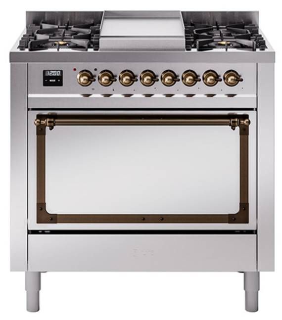 Ilve® Nostalgie II Noblesse 36'' Stainless Steel Pro Style Dual Fuel Range with Burnished Trim-0