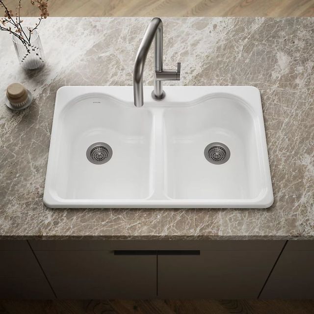 KOHLER® Hartland® White 33" 1-Faucet Hole Top-Mount Double-Bowl Kitchen Sink-1