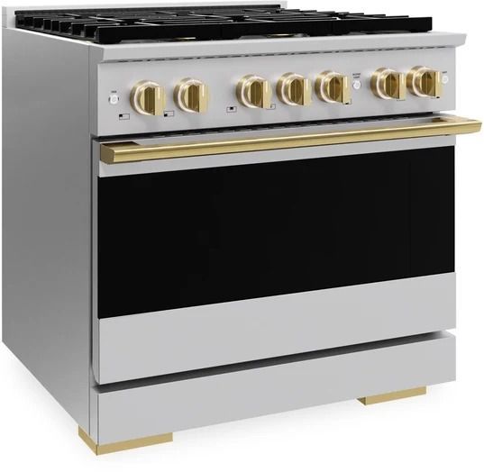 ZLINE Marino 36" Stainless Steel Pro Style Dual Fuel Range with 6-Burner DuoPro™ Cooktop and Electric Convection Oven and Polished Gold Accents-3