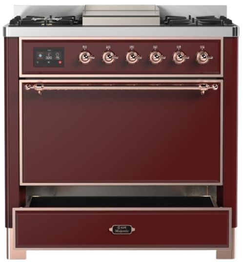 Ilve® Majestic III 36" Burgundy Pro Style Dual Fuel Natural Gas Range with Solid Door and Copper Trim-2