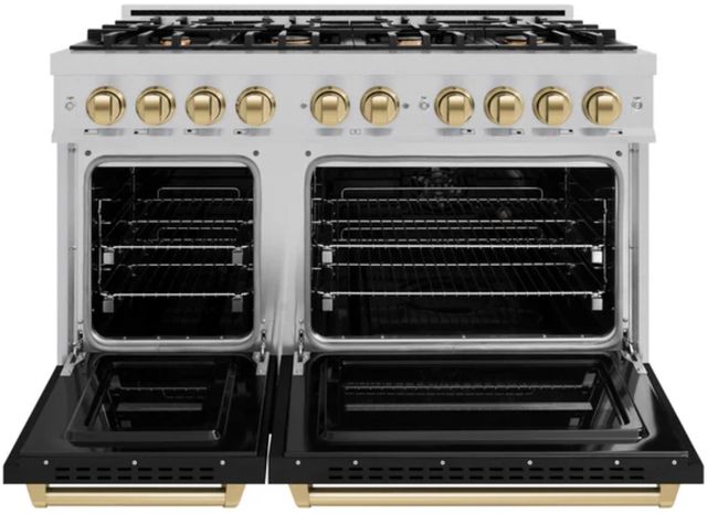 ZLINE Autograph Edition 48" Satin Stainless Steel Pro Style Double Oven Dual Fuel Range with Black Matte Doors and Champagne Bronze Accents-1