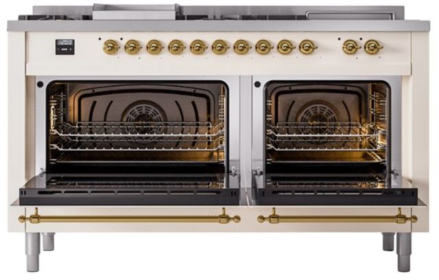 Ilve® Nostalgie II Noblesse 60'' Antique White Pro Style Dual Fuel Range with Brass Trim-2
