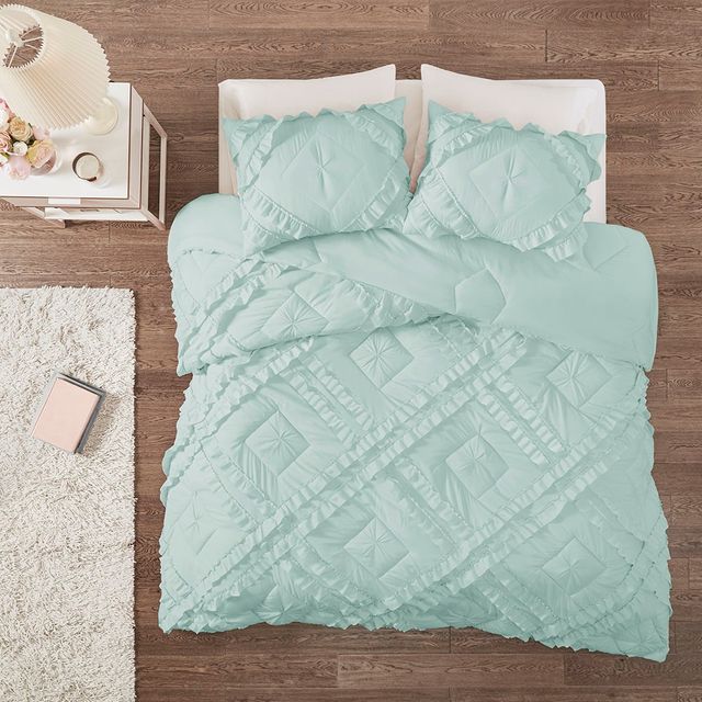 Olliix by Intelligent Design Kacie Aqua Twin/Twin XL Solid Coverlet Set with Tufted Diamond Ruffles-1