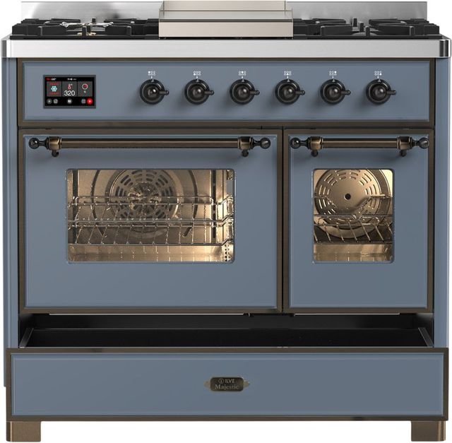 Ilve® Majestic III 40" Blue Gray Pro Style Dual Fuel Natural Gas Range with Triple Glass Door and Burnished Trim-1