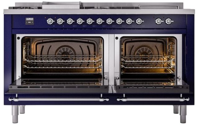 Ilve® Nostalgie II Noblesse 60'' Midnight Blue Pro Style Dual Fuel Range with Chrome Trim-2