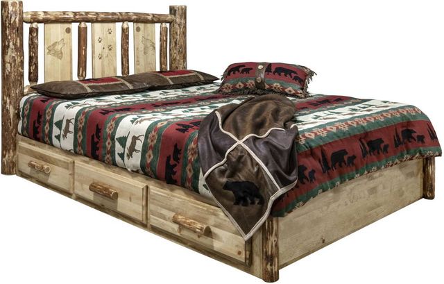 Montana Woodworks® Glacier Country Stained and Lacquered California King Platform Storage Bed with Laser Engraved Wolf Design-0