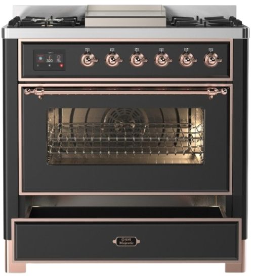 Ilve® Majestic III 36" Graphite Matte Pro Style Dual Fuel Natural Gas Range with 6 Black Brass Burners and Copper Trim-2