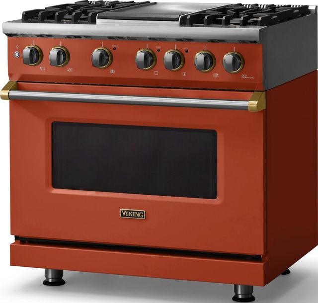 Viking® 5 Series 36" Spiced Cider Pro Style Dual Fuel (LP) Range with Brushed Brass Trim-3