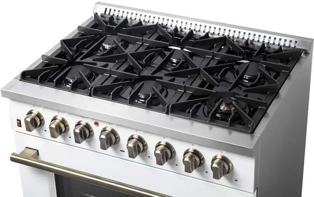 FORNO® Galiano 36" Stainless Steel Pro Style Dual Fuel Range with White Door with Antique Brass Accents-14