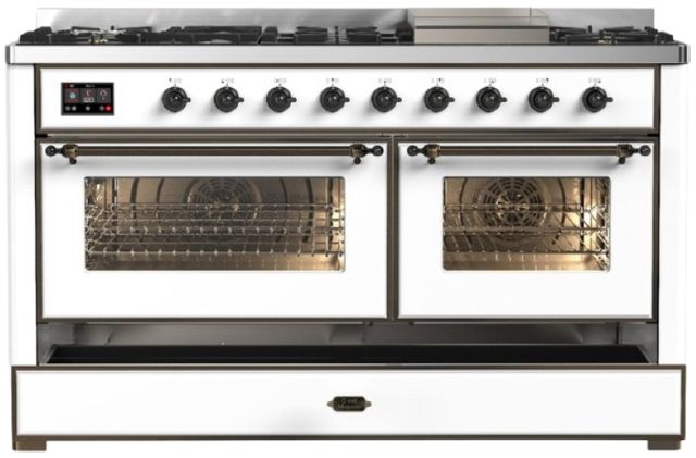 Ilve® Majestic III 60" White Pro Style Dual Fuel Liquid Propane Range with Triple Glass Door and Burnished Trim-2