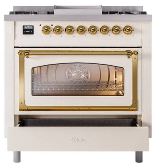 Ilve® Nostalgie II Noblesse 36'' Antique White Pro Style Dual Fuel Range with Brass Trim-2