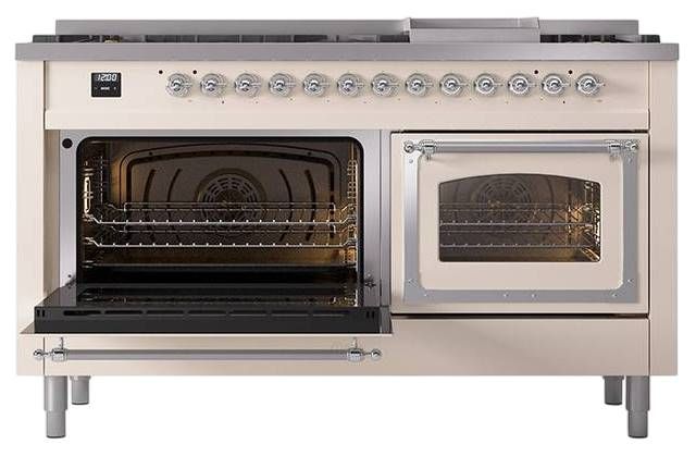 Ilve® Nostalgie II Noblesse 60'' Antique White Pro Style Dual Fuel Range with Chrome Trim-3