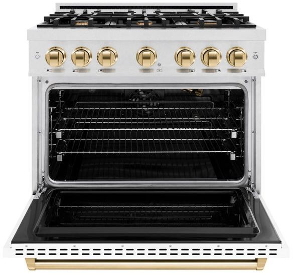 ZLINE Classic Autograph Edition 36" Satin Stainless Steel Pro Style Gas Range with White Matte Door and Polished Gold Accents-1