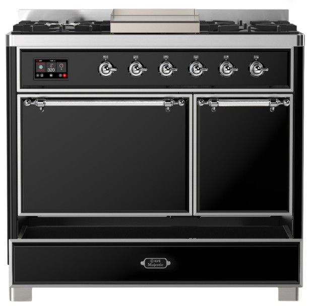 Ilve® Majestic III 40" Glossy Black Pro Style Dual Fuel Liquid Propane Range with Solid Door and Chrome Trim-2