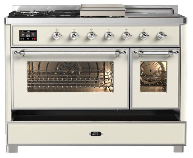 Ilve® Majestic III 48" Antiqued White Pro Style Dual Fuel Liquid Propane Range with Triple Glass Door and Chrome Trim-2