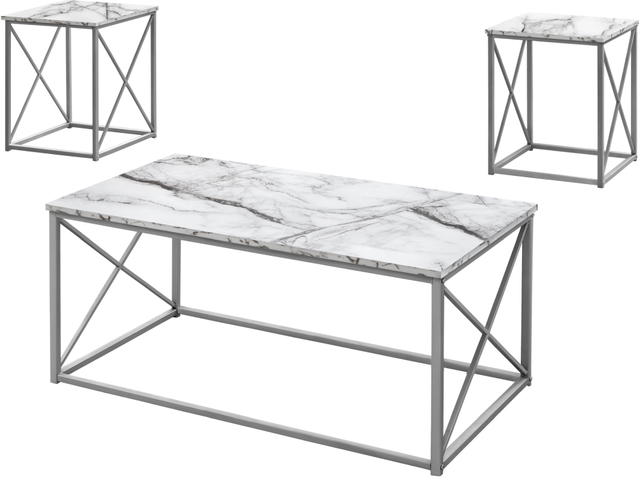 Monarch Specialties Inc. 3-Piece Silver/White Marble Living Room Table Set-0