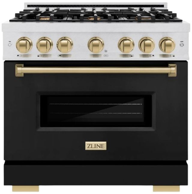 ZLINE Classic Series Autograph Edition 36" Satin Stainless Steel Pro Style Dual Fuel Range with Black Matte Door and Champagne Bronze Accents-0