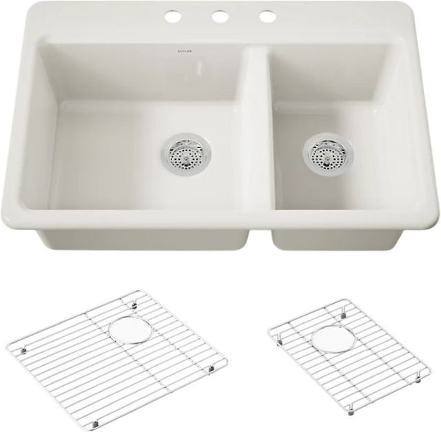 KOHLER® Riverby® Biscuit 33" 3-Faucet Hole Top-Mount Double-Bowl Kitchen Sink-0