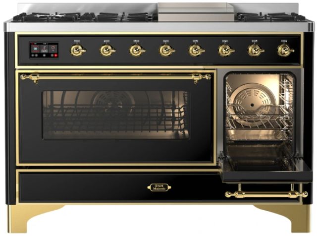 Ilve® Majestic III 48" Glossy Black Pro Style Dual Fuel Liquid Propane Range with Triple Glass Door and Brass Trim-2