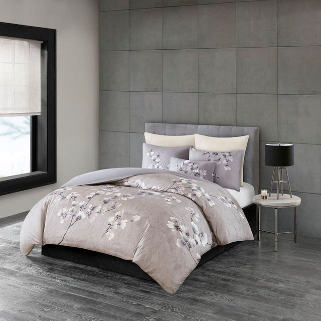 Olliix by N Natori Lilac king Sakura Blossom 3 Piece Cotton Sateen Printed Comforter Set-3