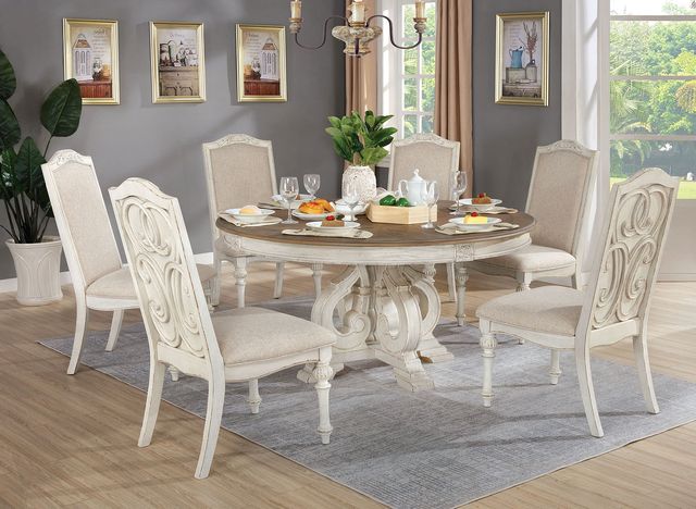 Furniture of America® Arcadia 7-Piece Antique White Round Dining Table Set with Brown Top -1