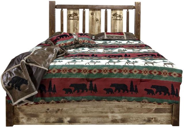 Montana Woodworks® Homestead Stain & Clear Lacquer California King Platform Storage Bed with Laser Engraved Moose Design-1