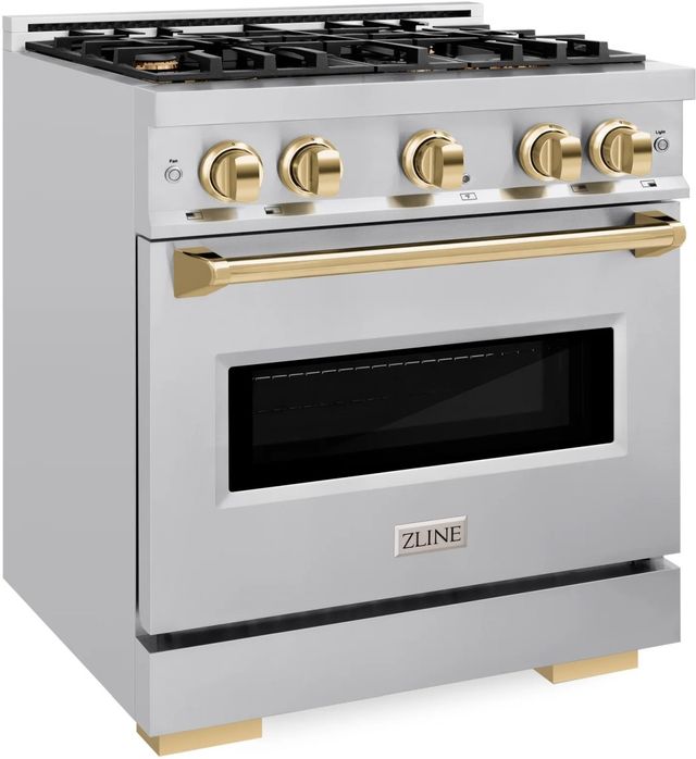 ZLINE Classic Autograph Edition 30" Stainless Steel Pro Style Dual Fuel Range with Polished Gold Accents-2