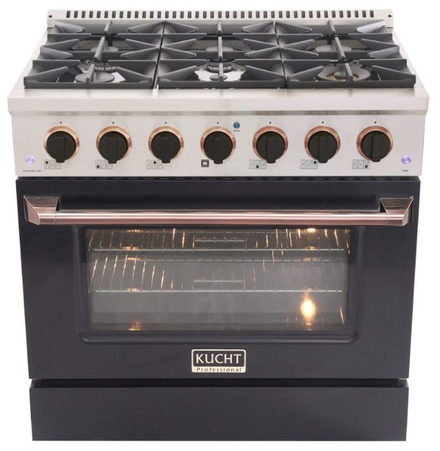 Kucht Professional KDF Series 36" Stainless Steel Pro Style Dual Fuel Range with Black Door and Rose Gold Handle-0