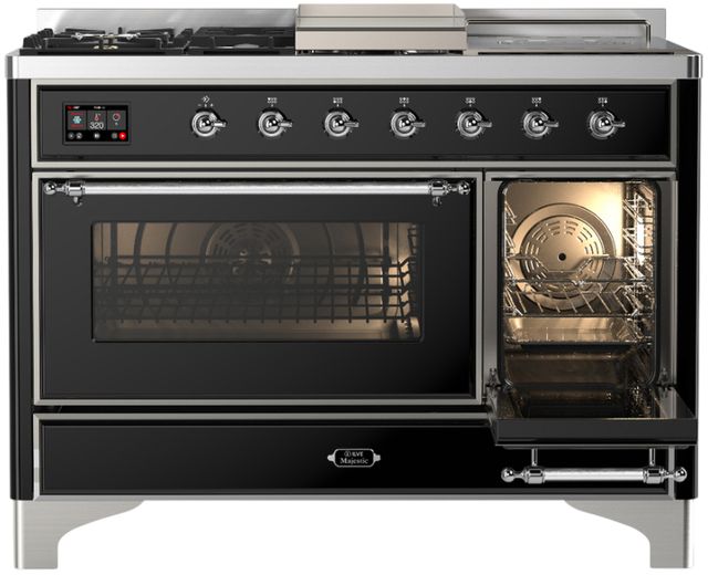 Ilve® Majestic III 48" Glossy Black Pro Style Dual Fuel Natural Gas Range with 5 Black Brass Burners and Chrome Trim-3