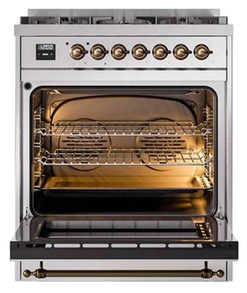 Ilve® Nostalgie II Noblesse 30" Stainless Steel Pro Style Dual Fuel Range with Burnished Trim-2