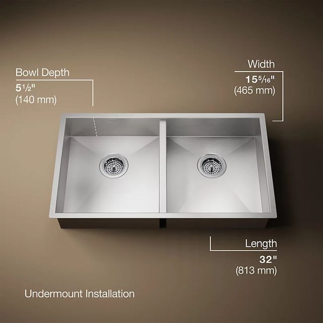 KOHLER® Vault™ Stainless Steel 32" Undermount Double Equal-Bowl Kitchen Sink-3