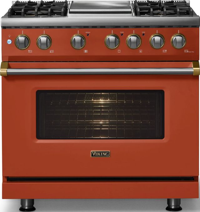 Viking® 5 Series 36" Spiced Cider Pro Style Dual Fuel (LP) Range with Brushed Brass Trim-2