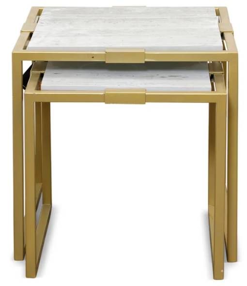 StyleCraft 2-Piece White Marble Top Nesting Table Set with Satin Brass Frame-1