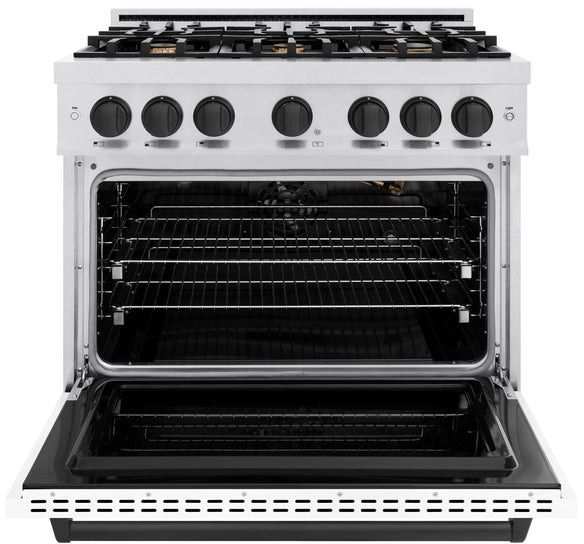 ZLINE Classic Autograph Edition 36" Satin Stainless Steel Pro Style Gas Range with White Matte Door and Matte Black Accents-1