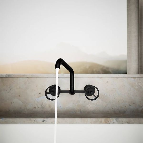 KOHLER® Billet® Matte Black 2-Hole Wall-Mount Bridge Kitchen Sink Faucet with Round Handles-2