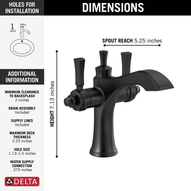 Delta Dorval® Matte Black 2-Handle Single Hole Monoblock Bathroom Faucet-3