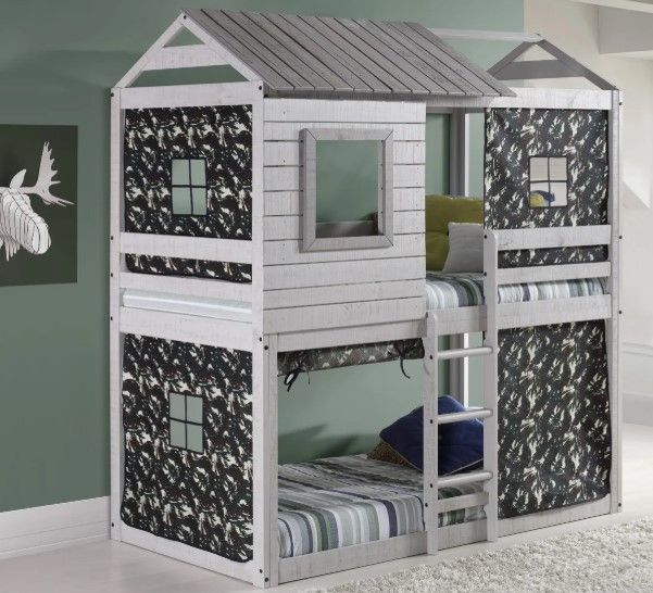 Donco Kids Deer Blind Green Camo/Rustic Light Gray Youth Twin/Twin Bunkbed with Tent Kit-1