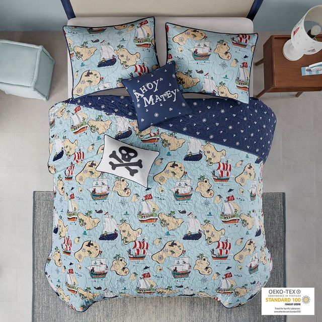 Olliix by Urban Habitat Kids Pirate Adventure Cotton Reversible Blue Full/Queen Coverlet Set-0