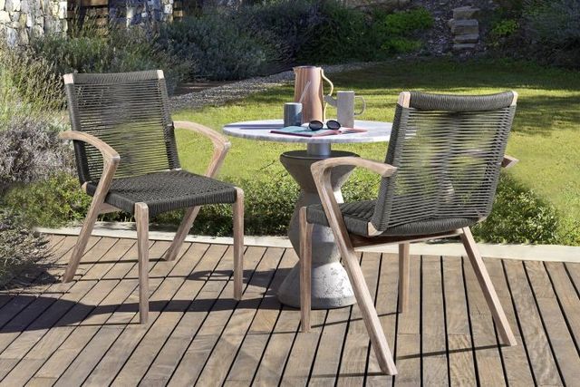 Armen Living Brielle 2-Piece Gray/Light Ucalyptus Rope/Wood Outdoor Dining Arm Chair Set-2