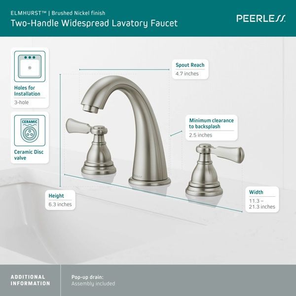 Peerless Elmhurst® Brushed Nickel 2-Handle Widespread Bathroom Faucet-2