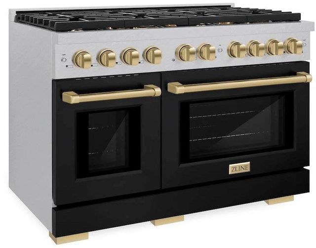 ZLINE Autograph Edition Paramount 48" Satin Stainless Steel Pro Style Gas Range with Black Matte Door and Champagne Bronze Accents-2