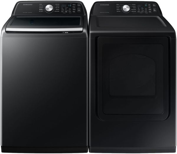 Samsung Brushed Black Top Load Washer and Electric Dryer Laundry Pair