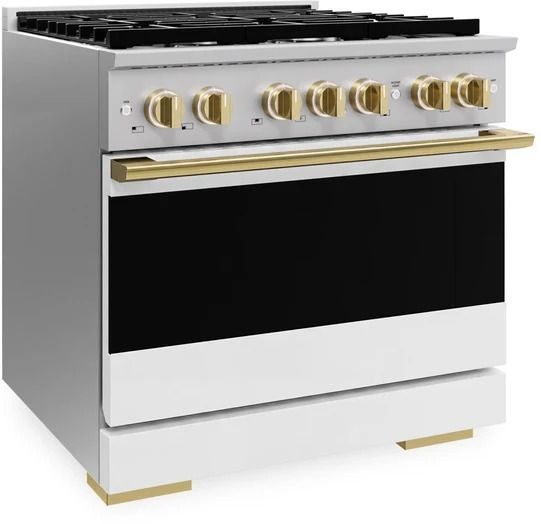 ZLINE Marino 36" Satin Stainless Steel Pro Style Gas Range with White Matte Door and Polished Gold Accents-3