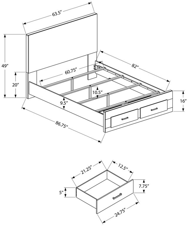 Monarch Specialties Inc. Graphite Grey Queen Panel Bed with 2 Drawers-3