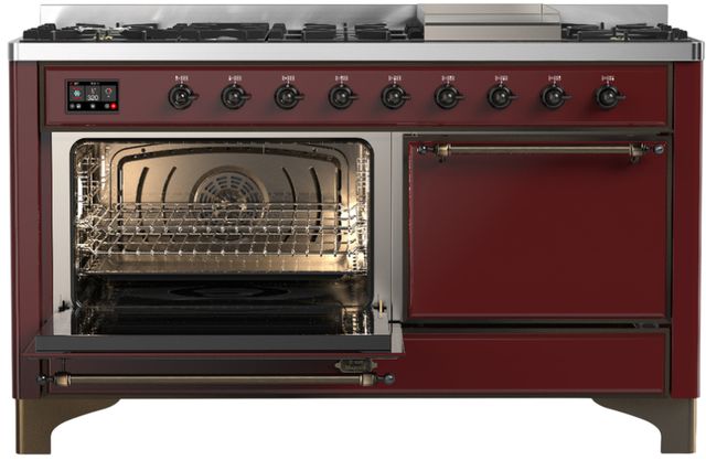 Ilve® Majestic III 60" Burgundy Pro Style Dual Fuel Liquid Propane Range with Solid Door and Burnished Trim-2