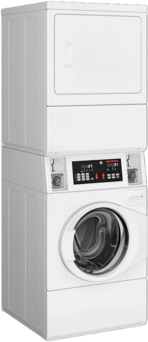 Speed Queen® Commercial White Coin Drop Electric Stack Laundry, 3.42 Cu. Ft. Washer, 7 Cu. Ft. Dryer-1