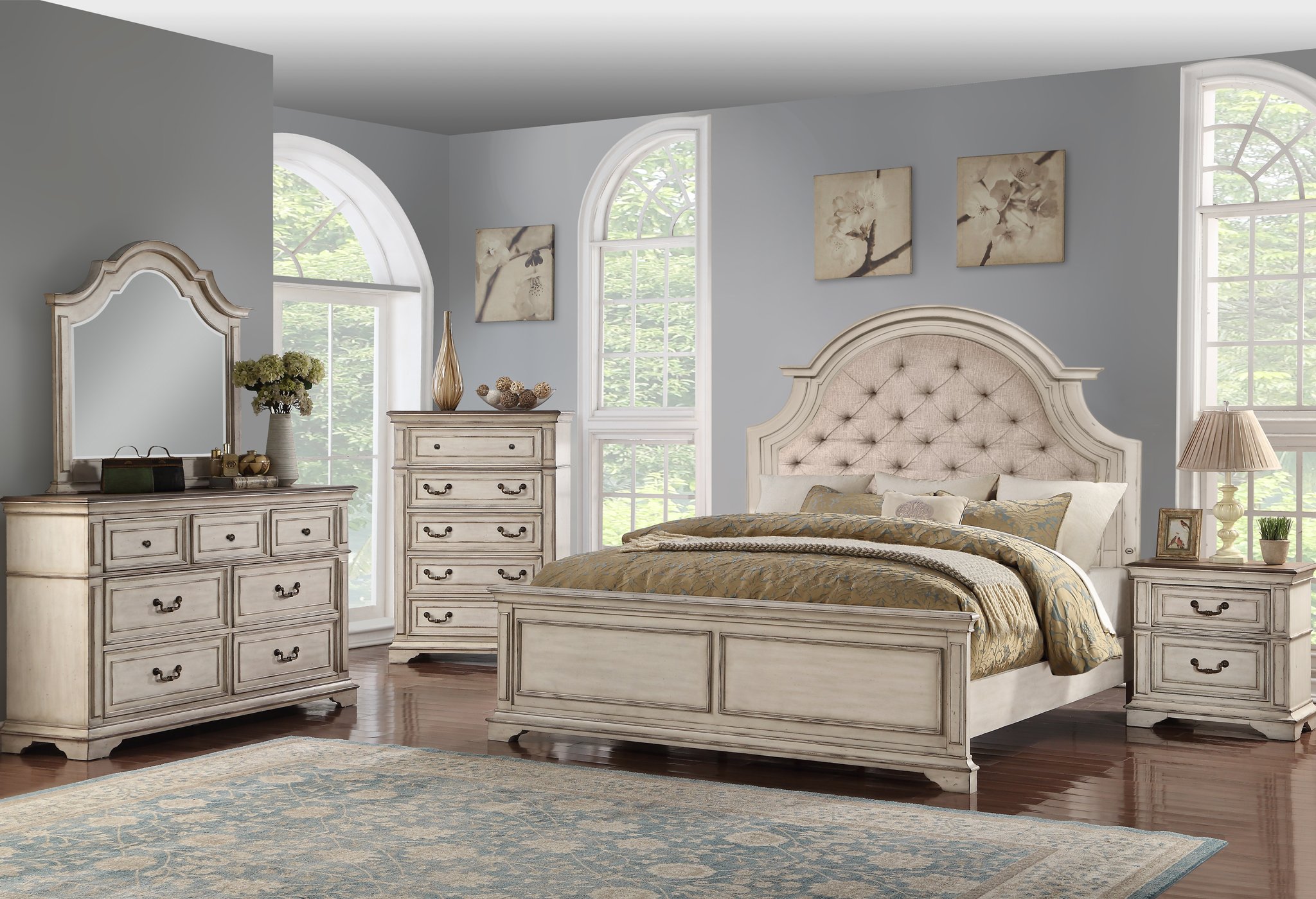 New Classic Home Furnishings Anastasia 5 Piece Antique Bisque Queen Upholstered Bedroom Set with Chest and Nightstand Jarons Furniture Outlet Bordentown and Lumberton NJ