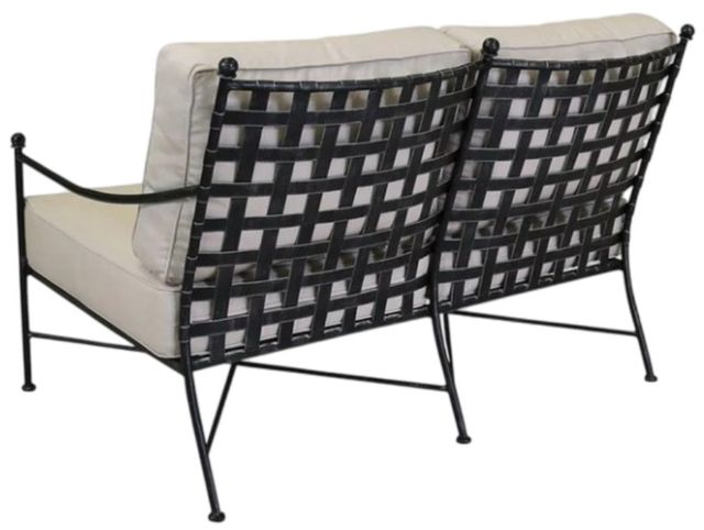 Sunset West Provence Century Pewter Antique Wrought Iron Outdoor Loveseat with Canvas Flax Cushion-2