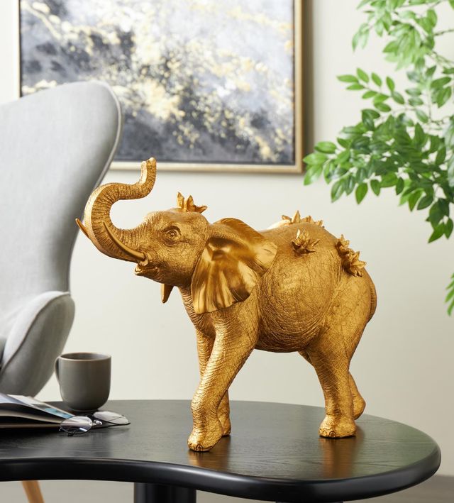 Deco Marche Gold Elephant Walking Sculpture with Floral Accents-3