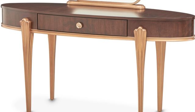 Michael Amini® Camellia Field Pecan-V166 Warm Pecan Vanity Desk with Mirror Set-1